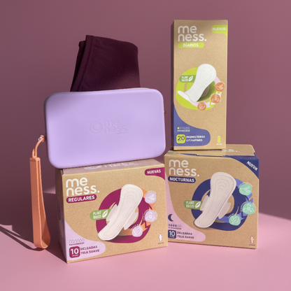 Pack Estoy Lista: Toallas higiéncas Regulares + Nocturnas + Protectores + Calzón + Pouch Meness