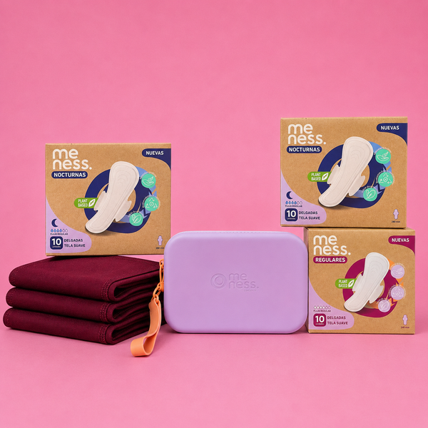Kit Menarquia: 2 Toallas higiéncas Nocturnas + 1 Regulares + 3 Calzones + Pouch Meness