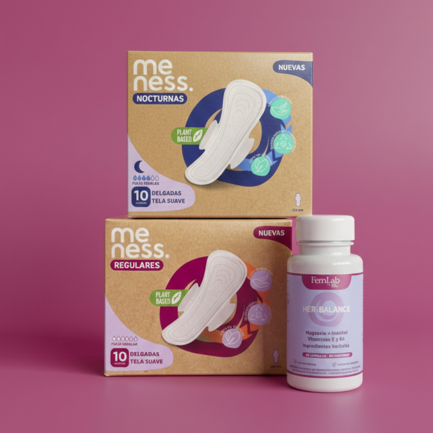 Pack Esencial: Toallas higiénicas Regulares + Nocturnas + Suplemento Her-Balance