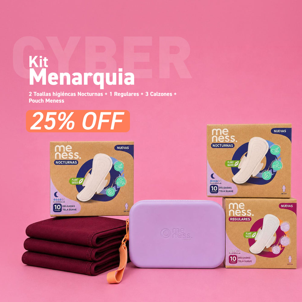 Kit Menarquia: 2 Toallas higiéncas Nocturnas + 1 Regulares + 3 Calzones + Pouch Meness
