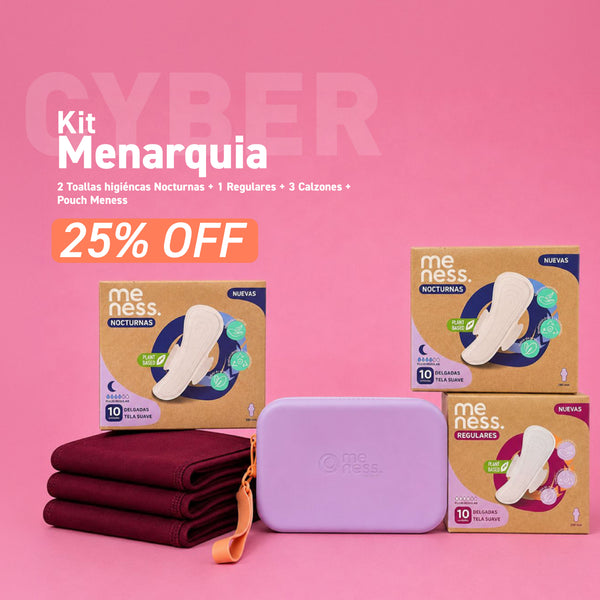 Kit Menarquia: 2 Toallas higiéncas Nocturnas + 1 Regulares + 3 Calzones + Pouch Meness